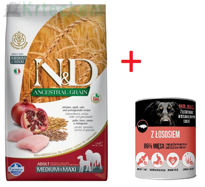 Farmina N&D Ancestral Grain Dog Chicken and Pomegranate Adult M/L 12 kg +  Mr.BIG s lososem 400g pro psy GRATIS !!!!!