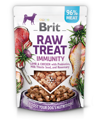 BRIT CARE Dog Raw Treat Immunity Lamb & Chicken s probiotiky, semínky ostropestřce mariánského a rozmarýnem 40g