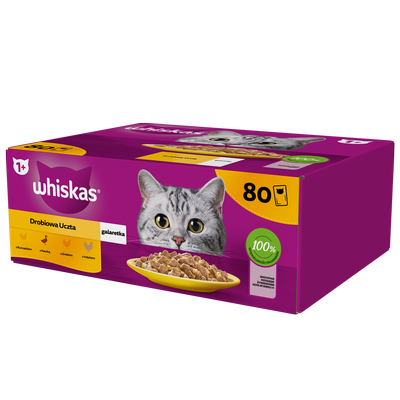 WHISKAS Adult sáček 80 x 85 g drůbeží kousky - vlhké krmivo pro dospělé kočky v želé (kousky s: kuřecím, kachním, drůbežím, krůtím)
